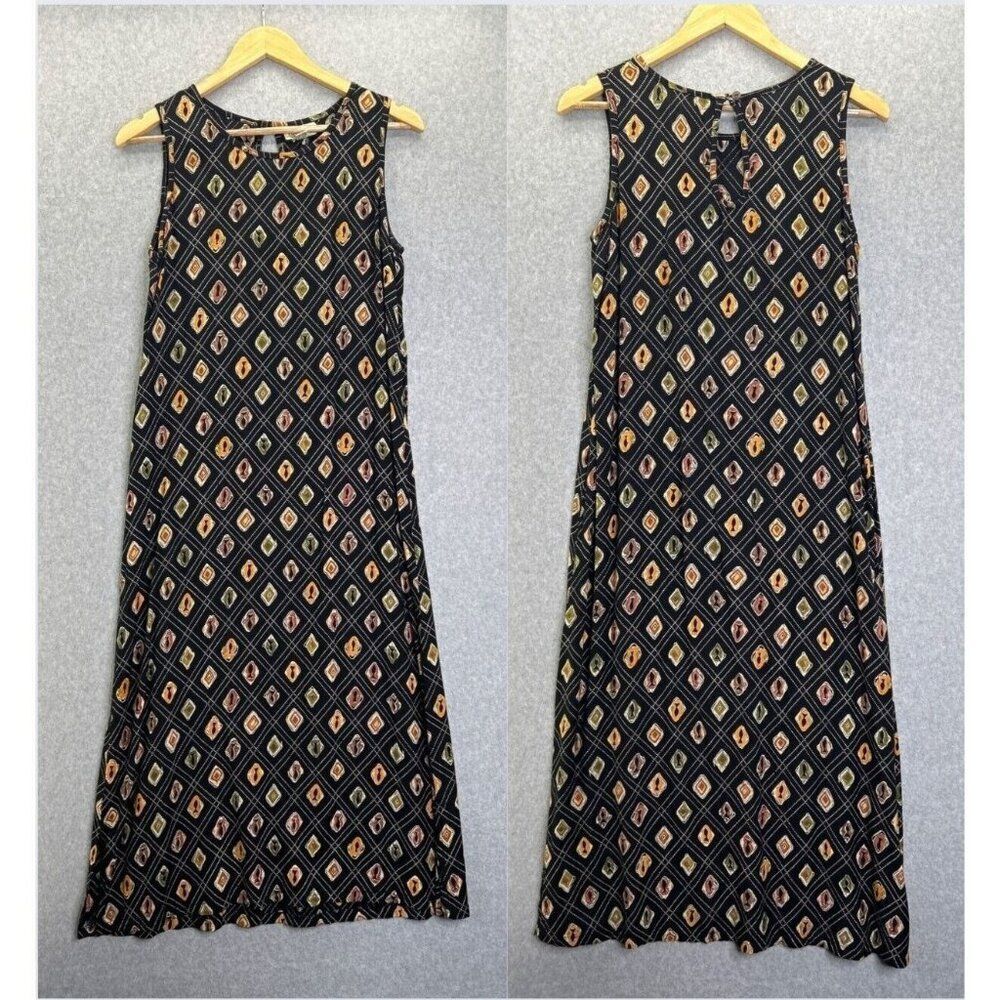 Putumayo Medium Sleeveless Long Midi Dress Geometric Black Rayon Tank Fish Boho‎